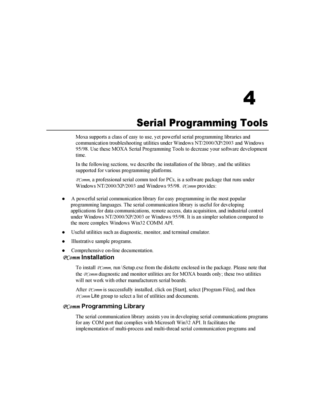 Moxa Technologies CP-168U user manual Serial Programming Tools, PComm Installation, PComm Programming Library 