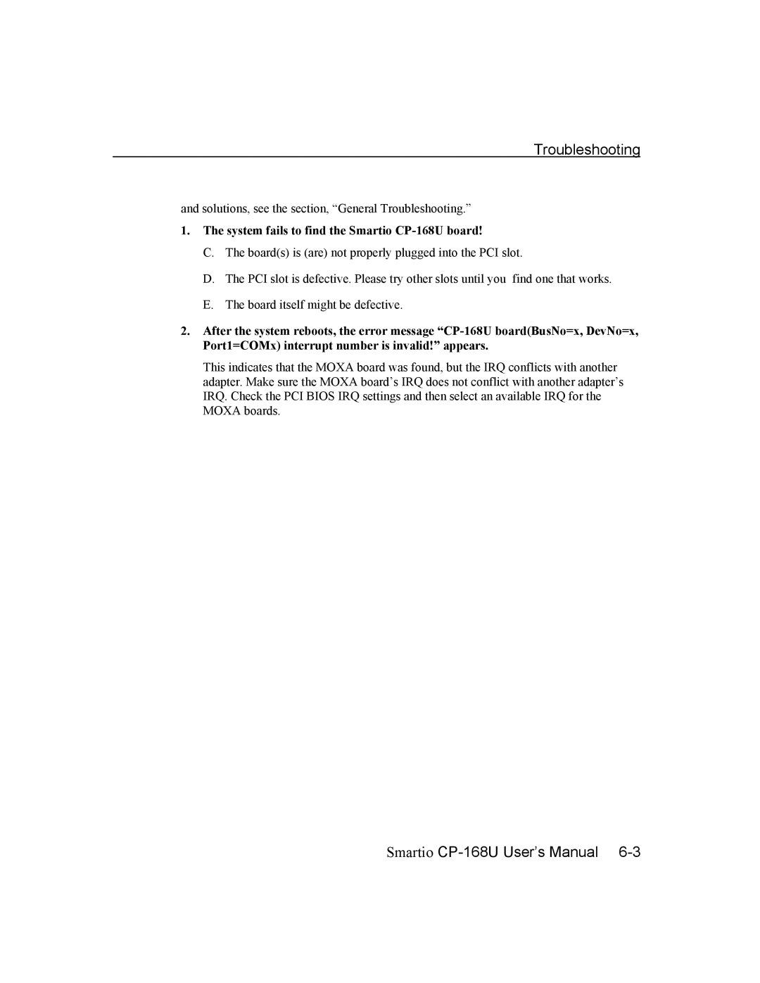 Moxa Technologies CP-168U user manual Troubleshooting 