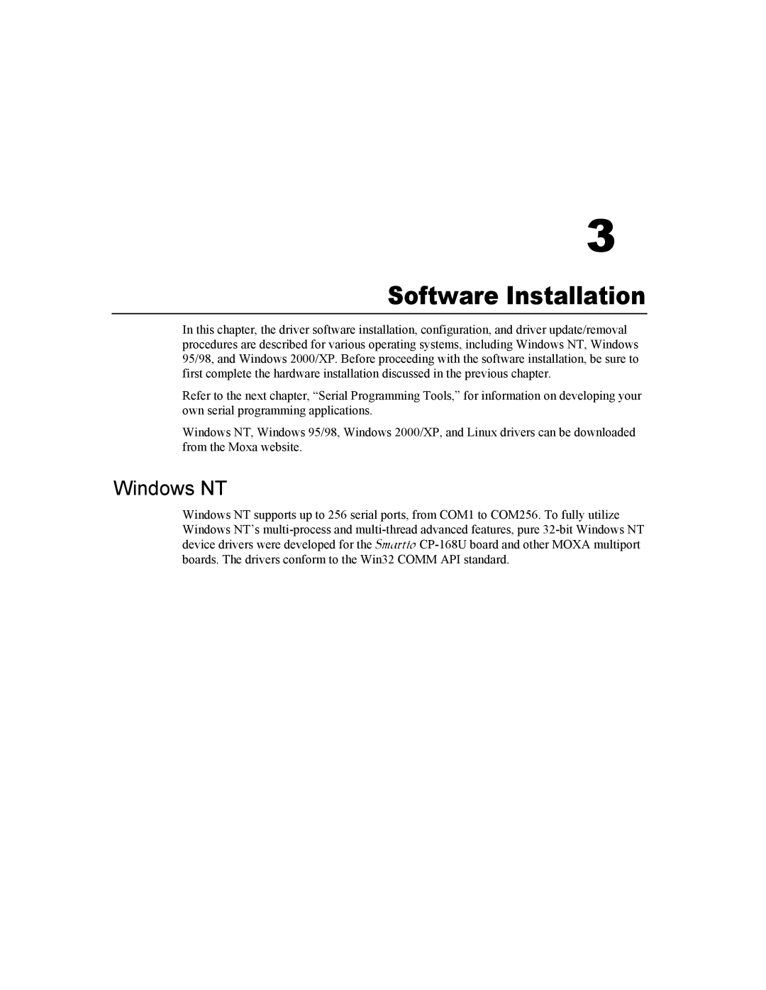 Moxa Technologies CP-168U user manual Software Installation, Windows NT 