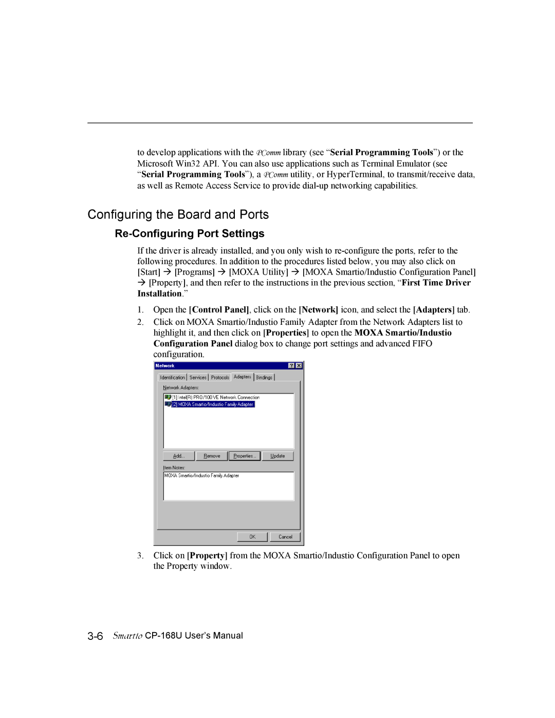 Moxa Technologies CP-168U user manual Configuring the Board and Ports, Re-Configuring Port Settings 