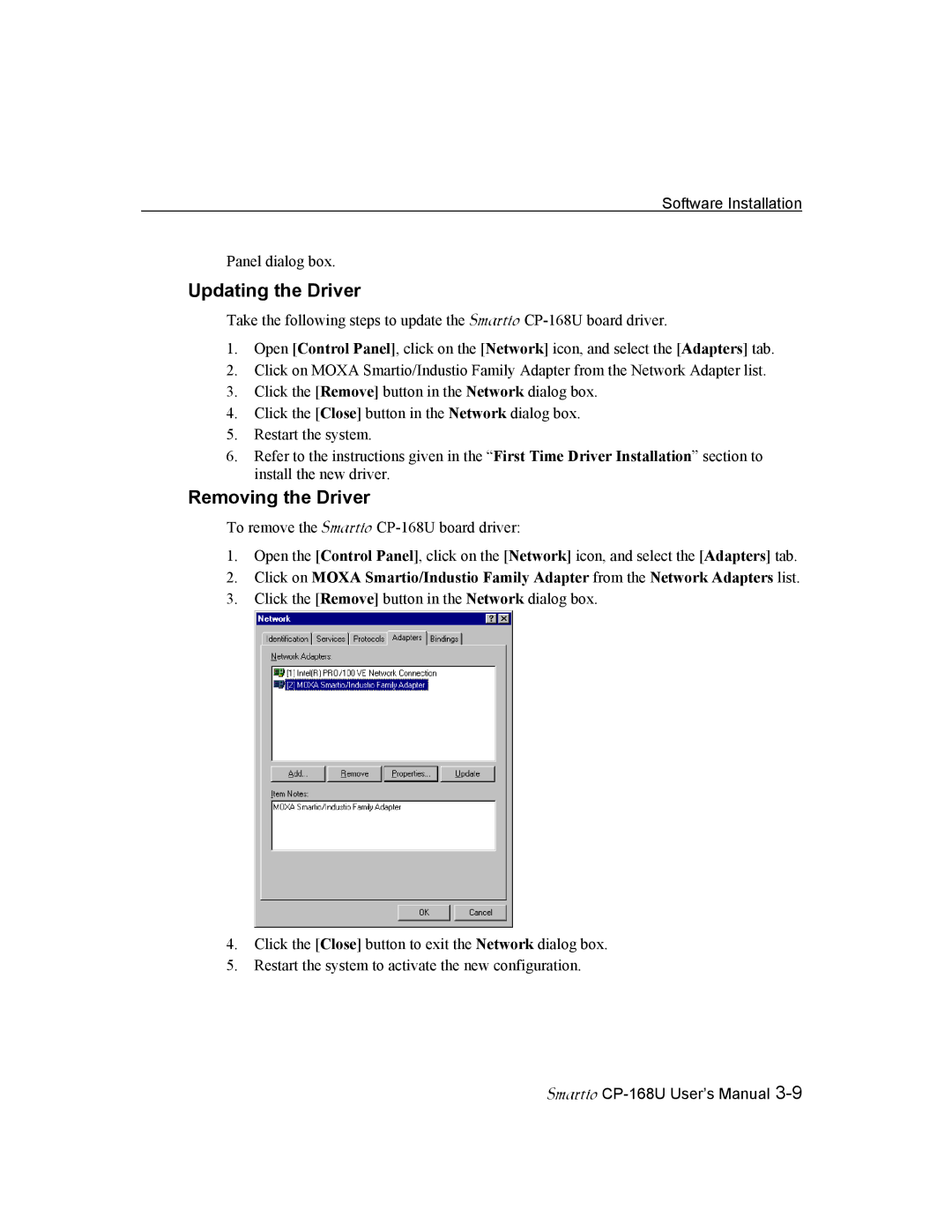 Moxa Technologies CP-168U user manual Updating the Driver, Removing the Driver 