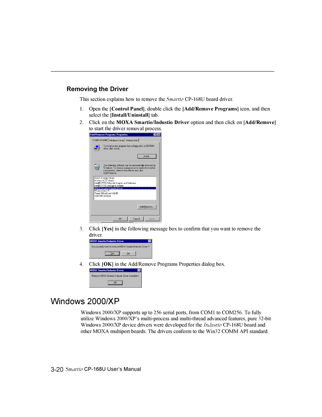 Moxa Technologies CP-168U user manual Windows 2000/XP, Removing the Driver 