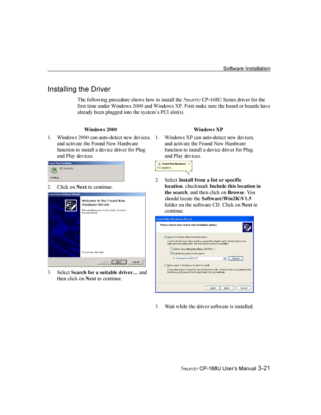 Moxa Technologies CP-168U user manual Windows Windows XP, Select Install from a list or specific 