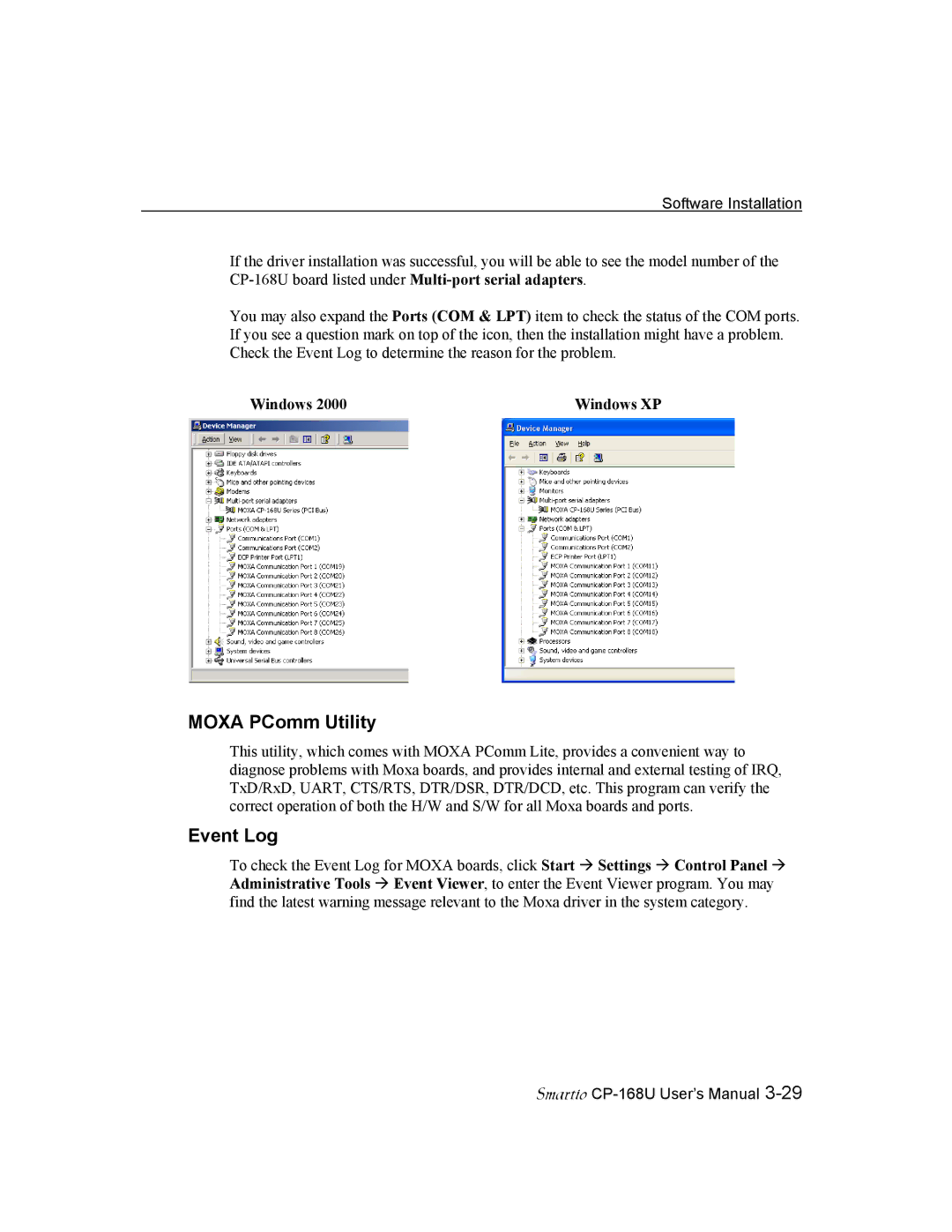 Moxa Technologies CP-168U user manual Moxa PComm Utility, Event Log 