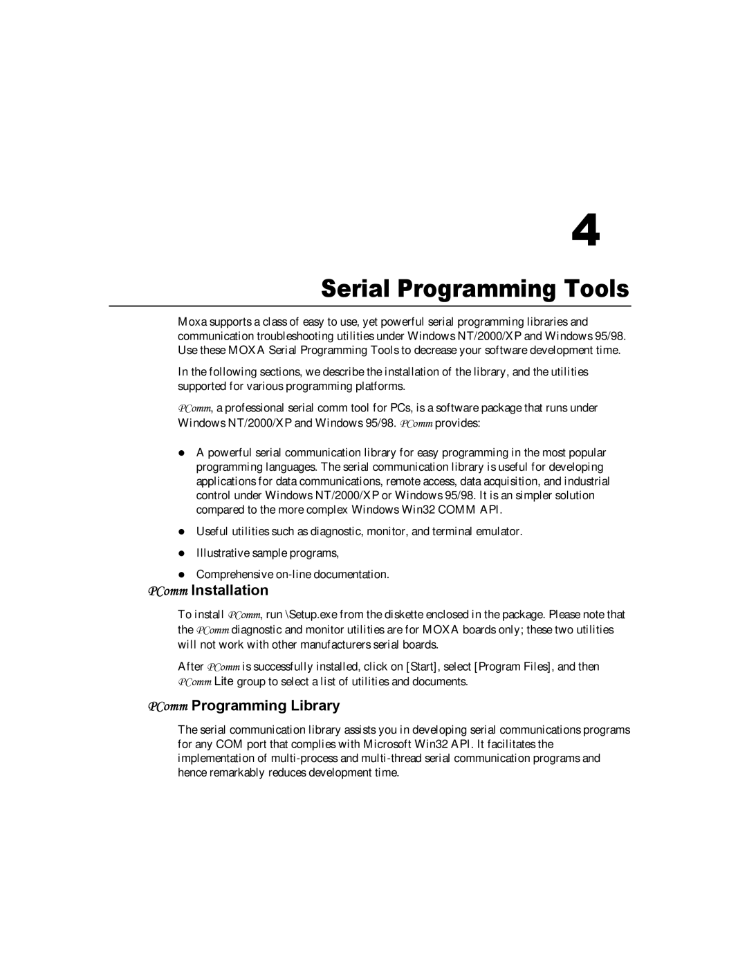 Moxa Technologies CP-168U user manual Serial Programming Tools, PComm Installation, PComm Programming Library 