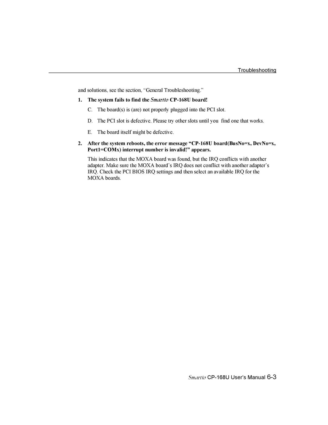 Moxa Technologies user manual System fails to find the Smartio CP-168U board 