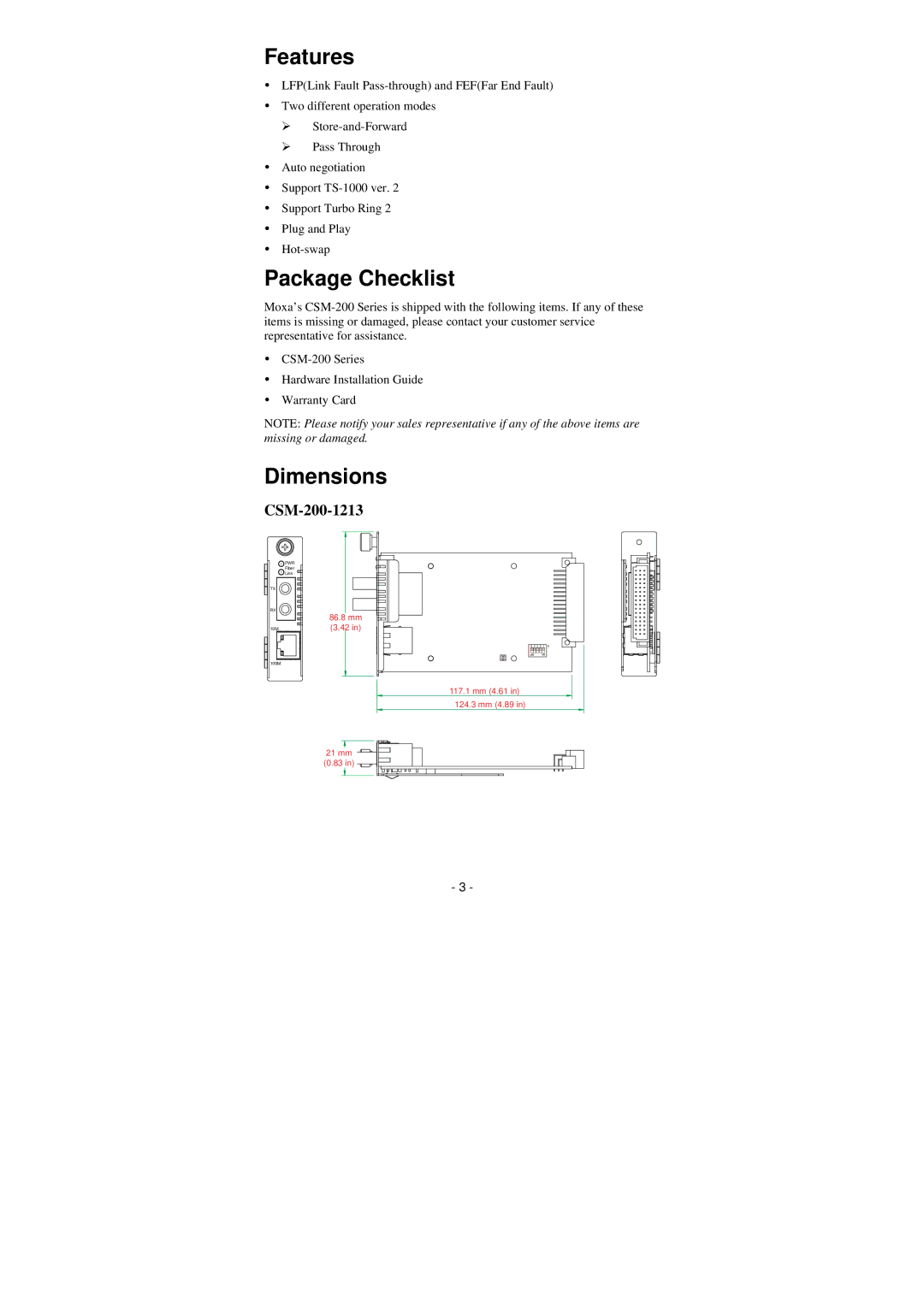 Moxa Technologies CSM 200 manual Features, Package Checklist, Dimensions 