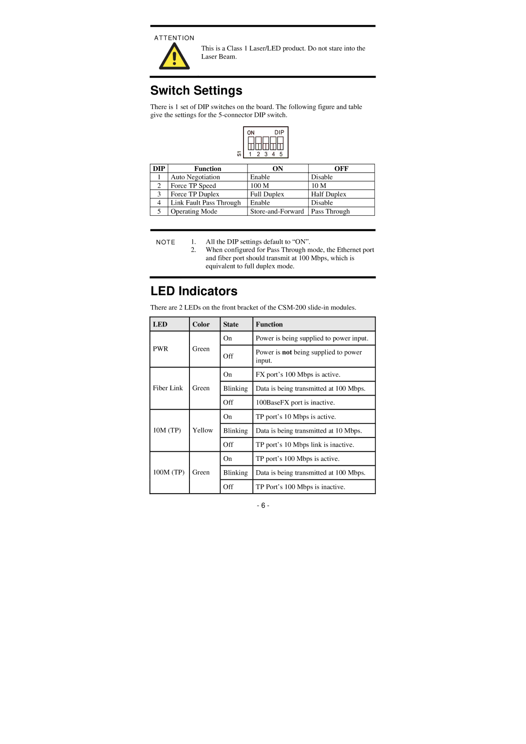 Moxa Technologies CSM 200 manual Switch Settings, LED Indicators, Color State Function, Pwr 