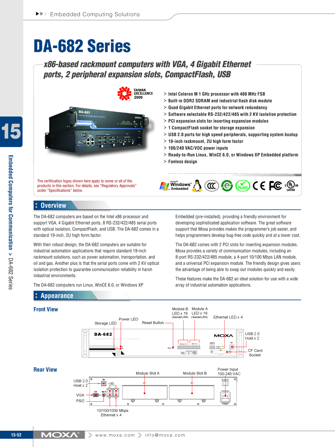 Moxa Technologies DA-682 specifications Overview, Appearance, Front View, Rear View 