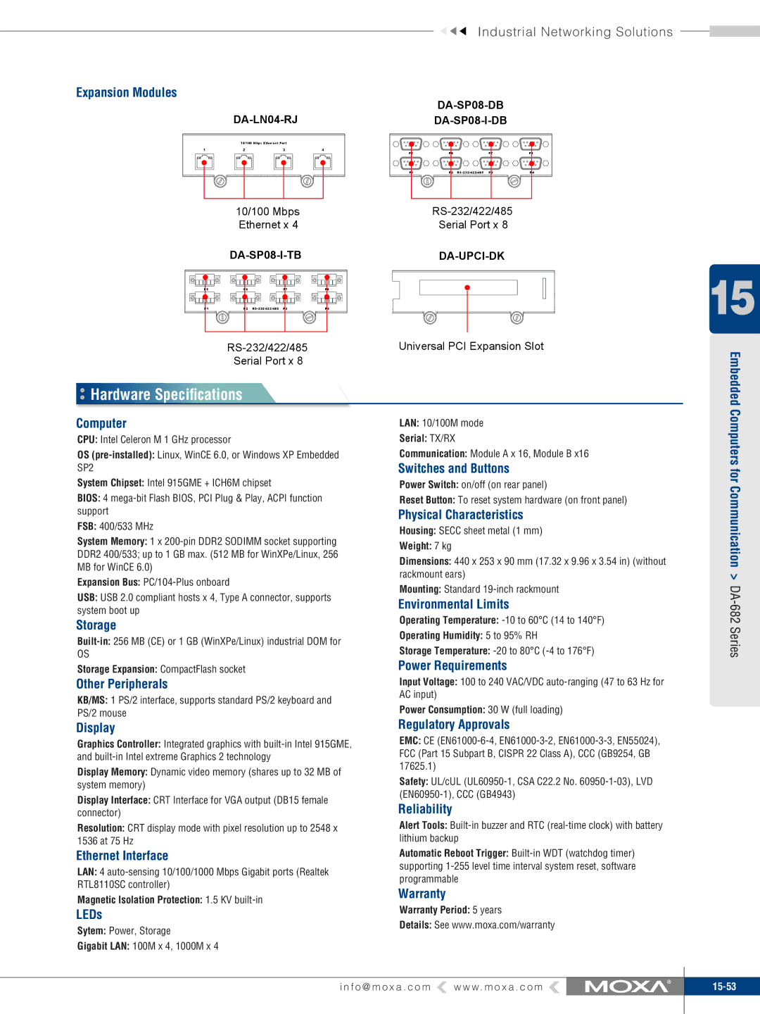 Moxa Technologies DA-682 specifications Hardware Speciﬁcations 