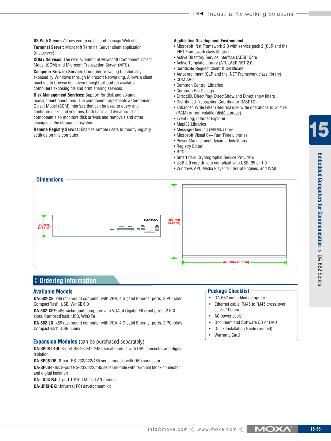 Moxa Technologies DA-682 specifications Ordering Information, Dimensions, Available Models, Package Checklist 