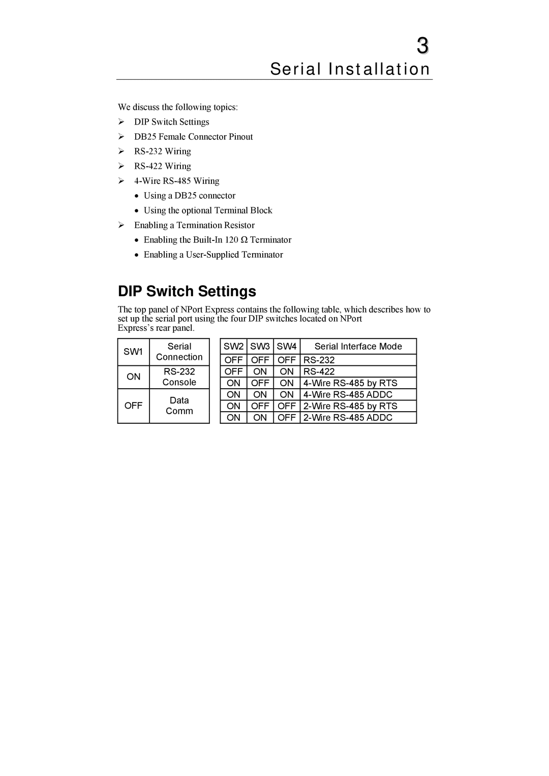 Moxa Technologies DE-211 manual Serial Installation, DIP Switch Settings 