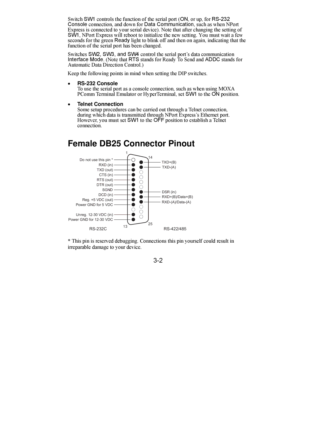 Moxa Technologies DE-211 manual Female DB25 Connector Pinout, RS-232 Console 