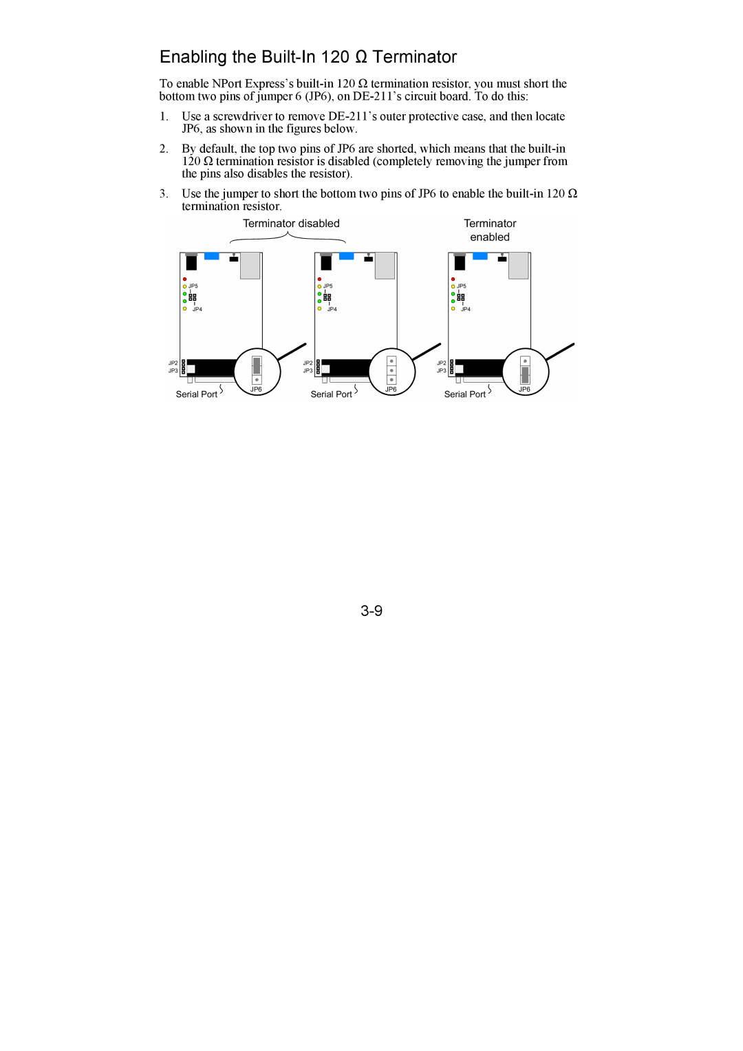 Moxa Technologies DE-211 manual Enabling the Built-In 120 Ω Terminator 