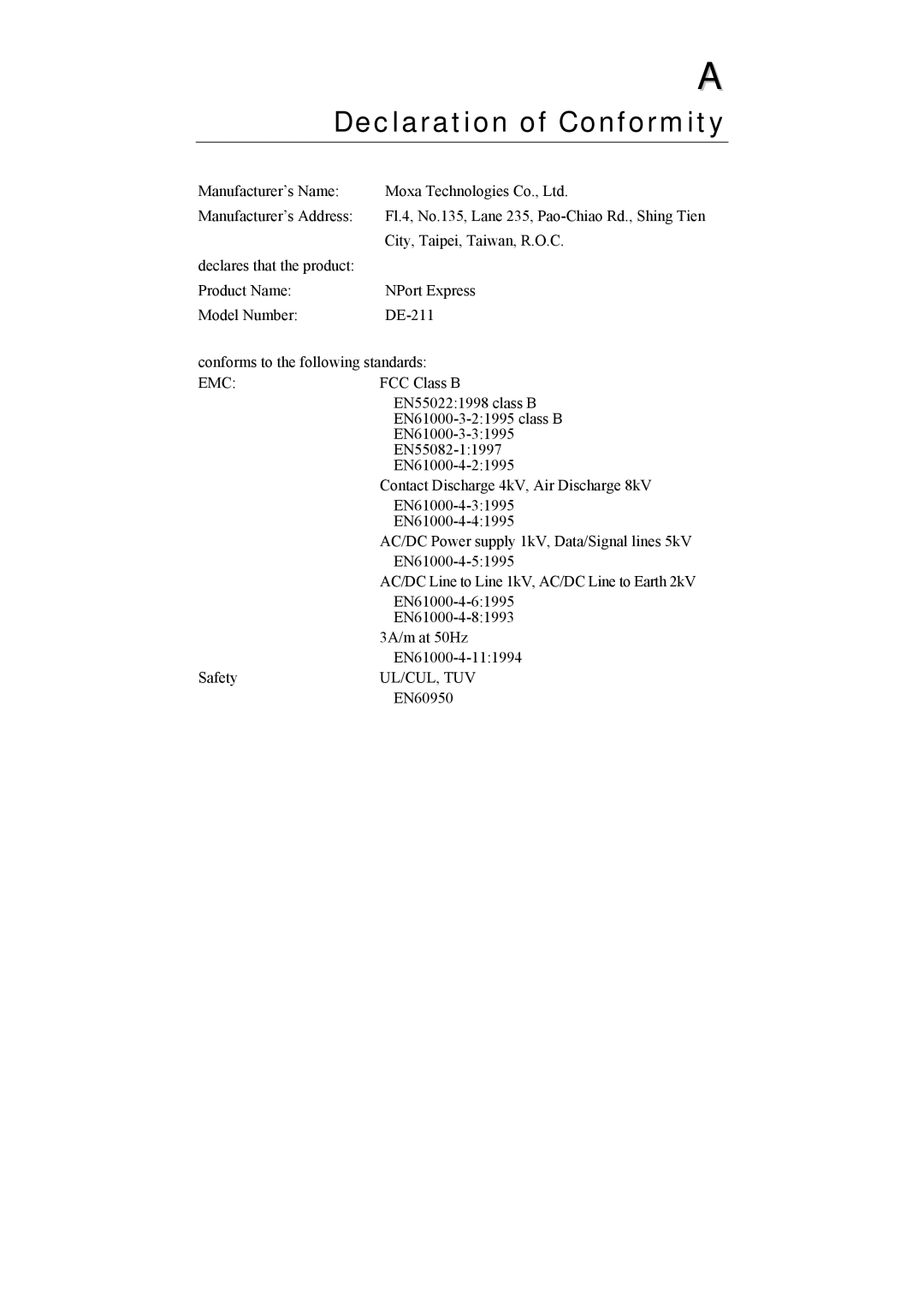 Moxa Technologies DE-211 manual Declaration of Conformity, Emc 