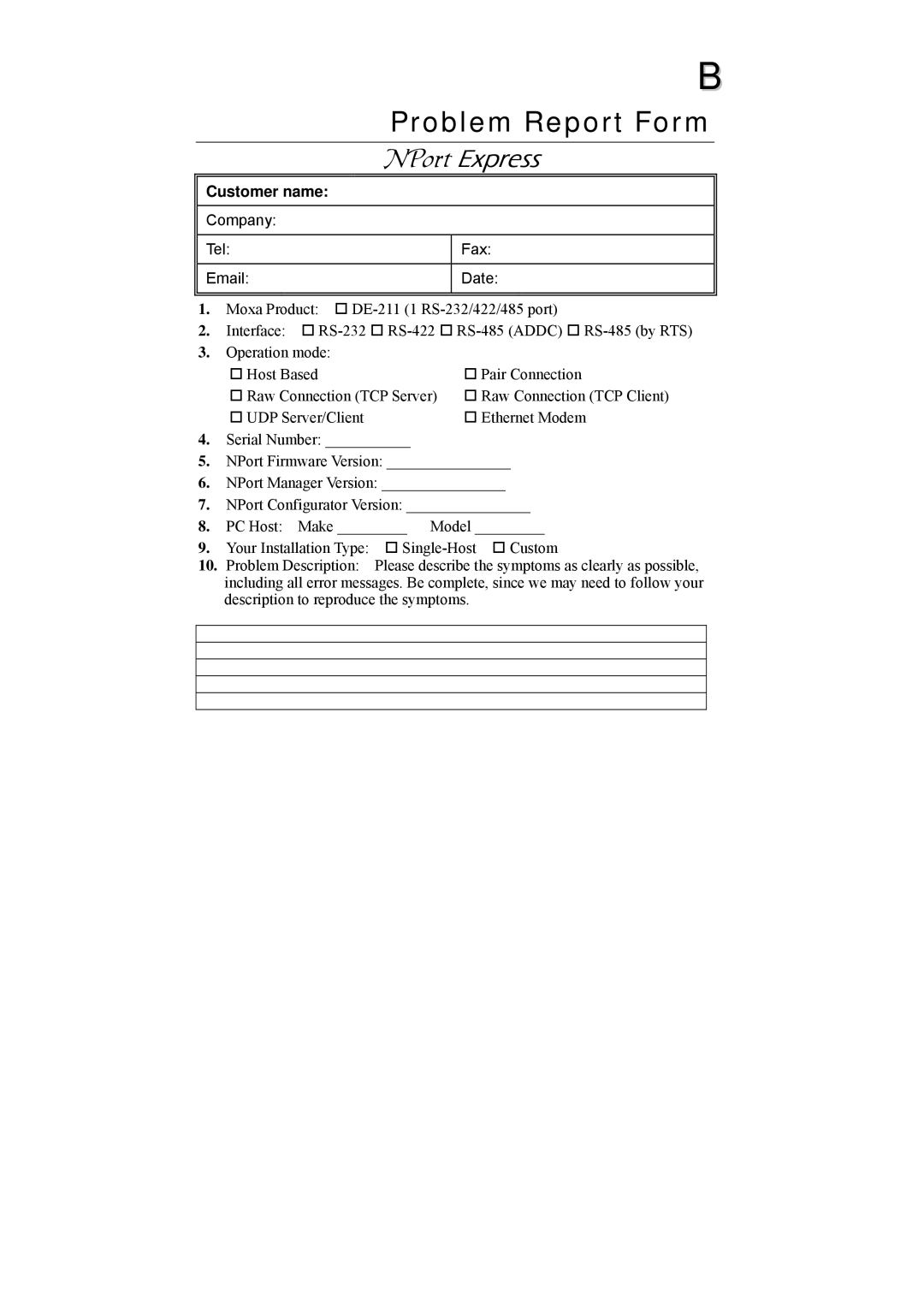 Moxa Technologies DE-211 manual Problem Report Form, NPort Express 