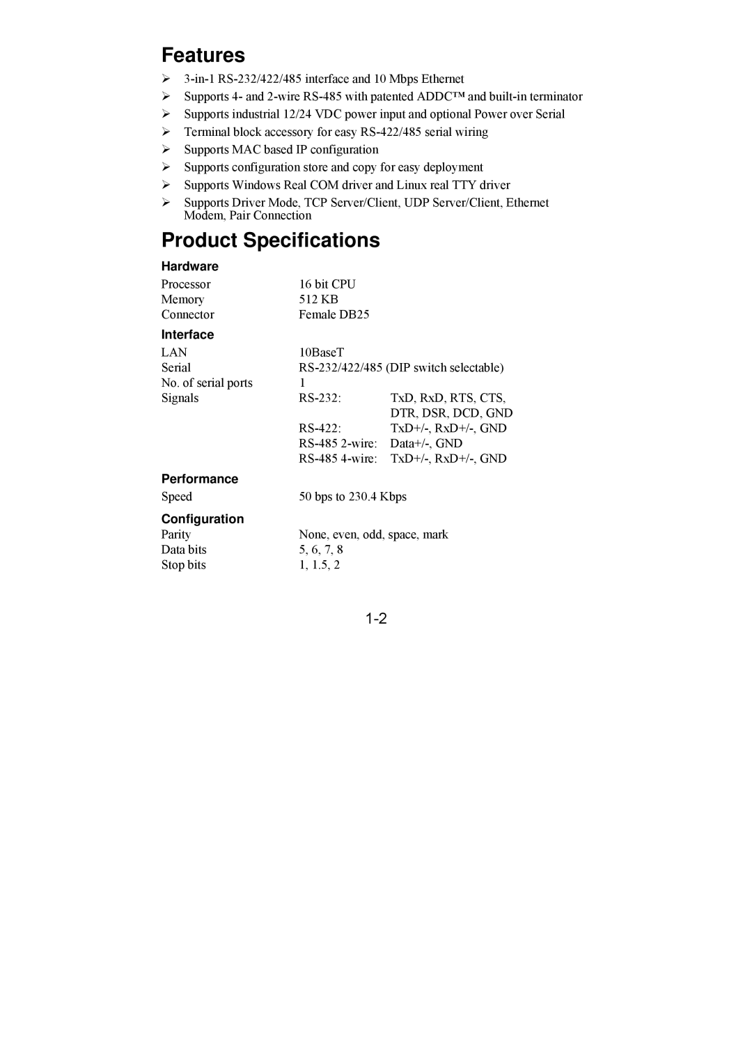 Moxa Technologies DE-211 manual Features, Product Specifications 