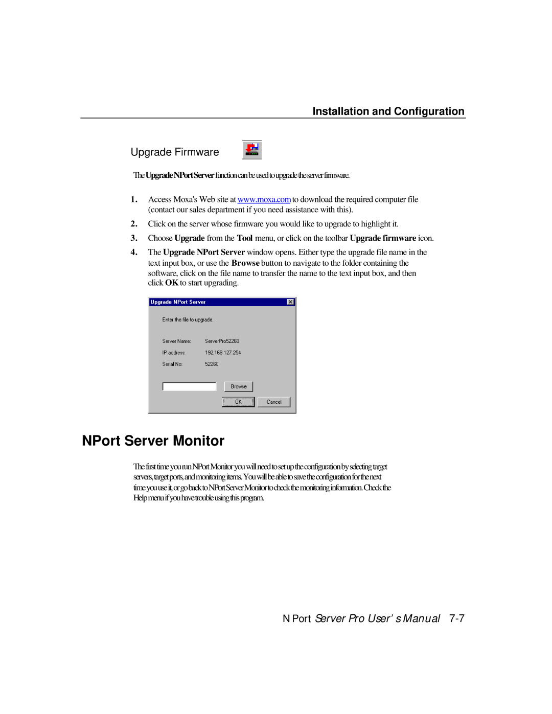 Moxa Technologies DE-308, DE-303 manual NPort Server Monitor, Upgrade Firmware 