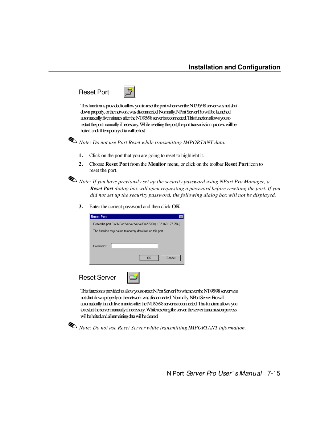 Moxa Technologies DE-308, DE-303 manual Reset Port, Reset Server 