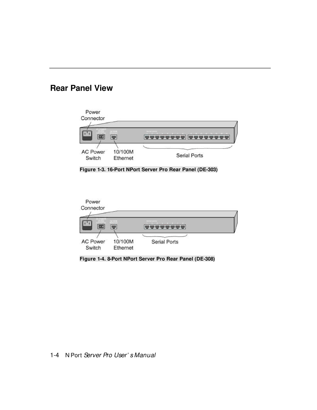 Moxa Technologies DE-308 manual Rear Panel View, Port NPort Server Pro Rear Panel DE-303 