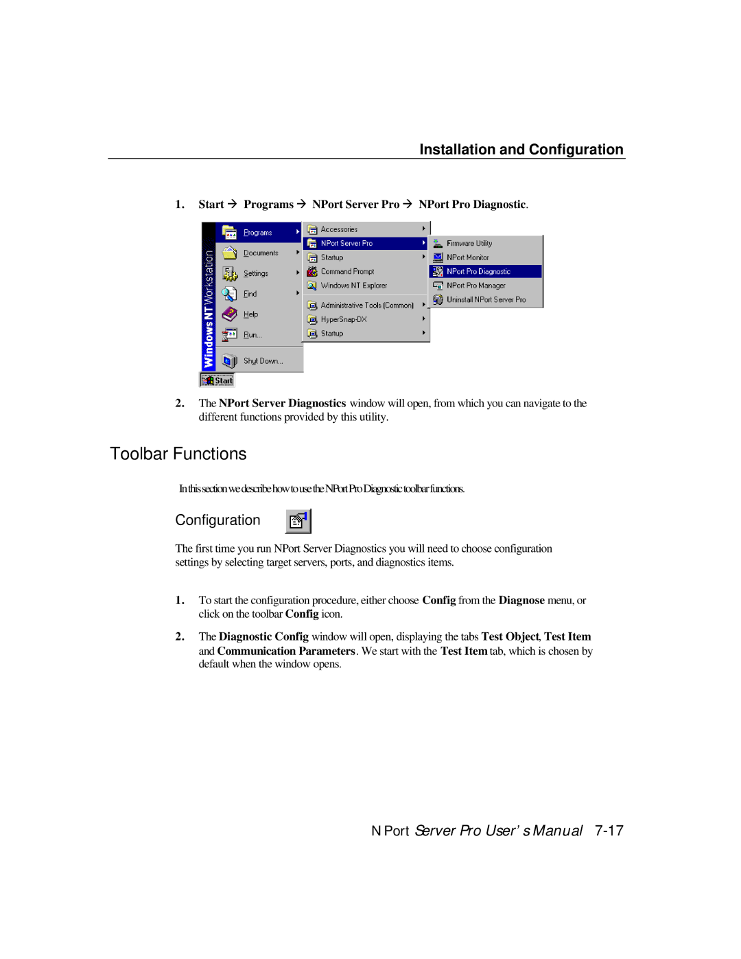 Moxa Technologies DE-308, DE-303 manual Configuration, Start à Programs à NPort Server Pro à NPort Pro Diagnostic 