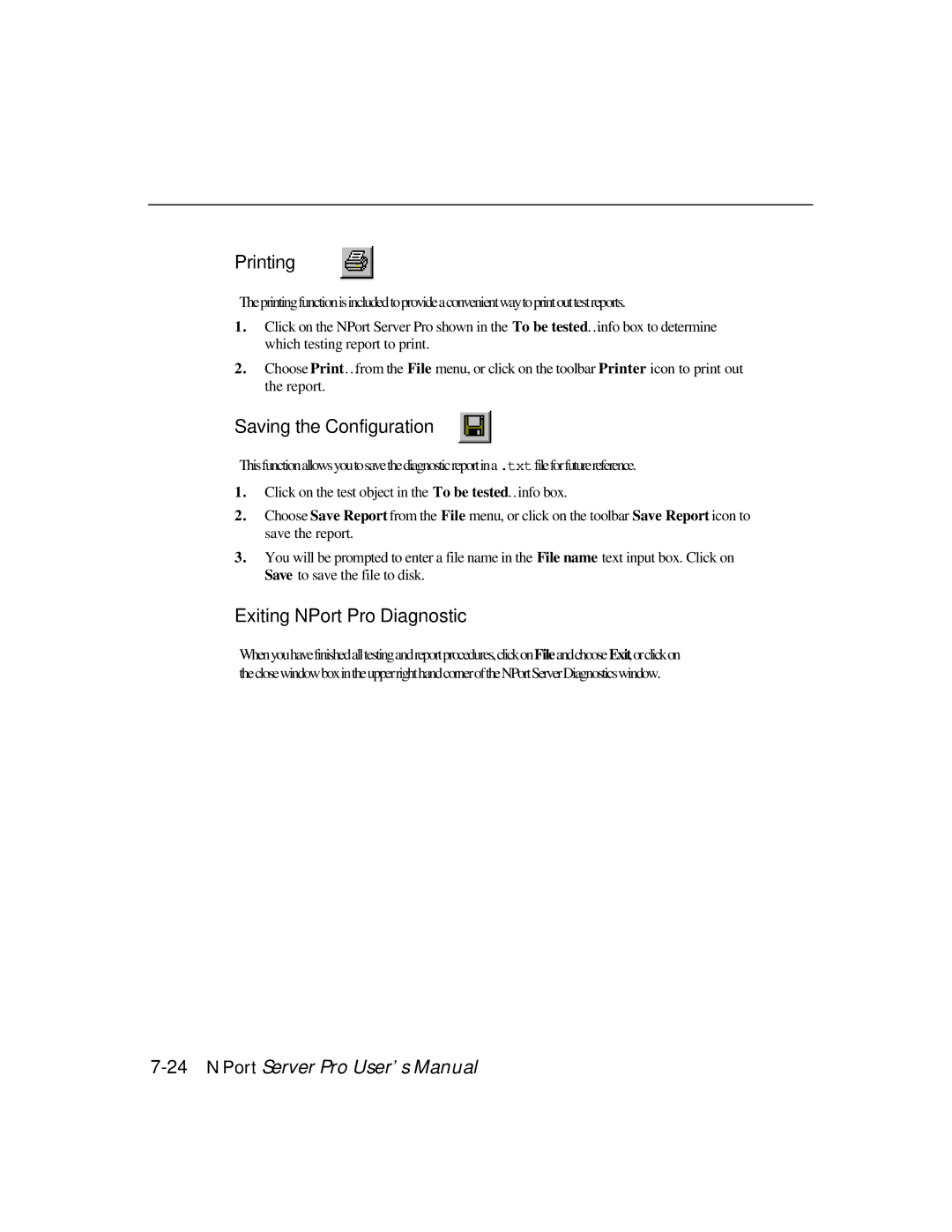 Moxa Technologies DE-303, DE-308 manual Printing, Saving the Configuration, Exiting NPort Pro Diagnostic 