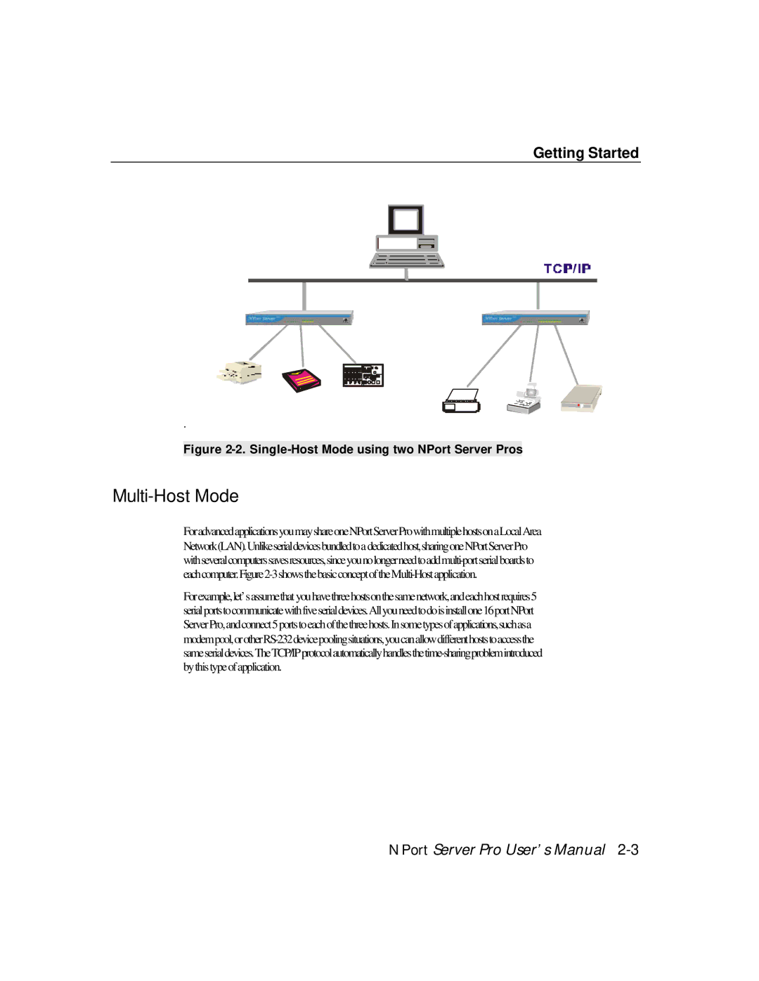 Moxa Technologies DE-308, DE-303 manual Multi-Host Mode, Single-Host Mode using two NPort Server Pros 