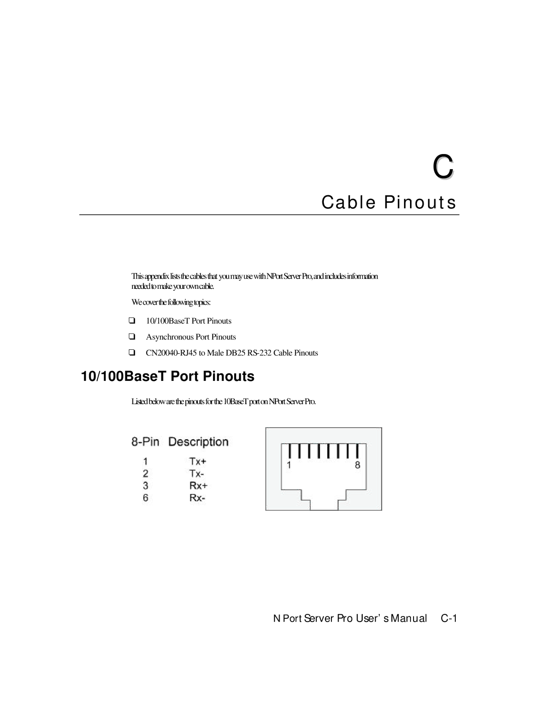 Moxa Technologies DE-308, DE-303 manual Cable Pinouts, 10/100BaseT Port Pinouts 