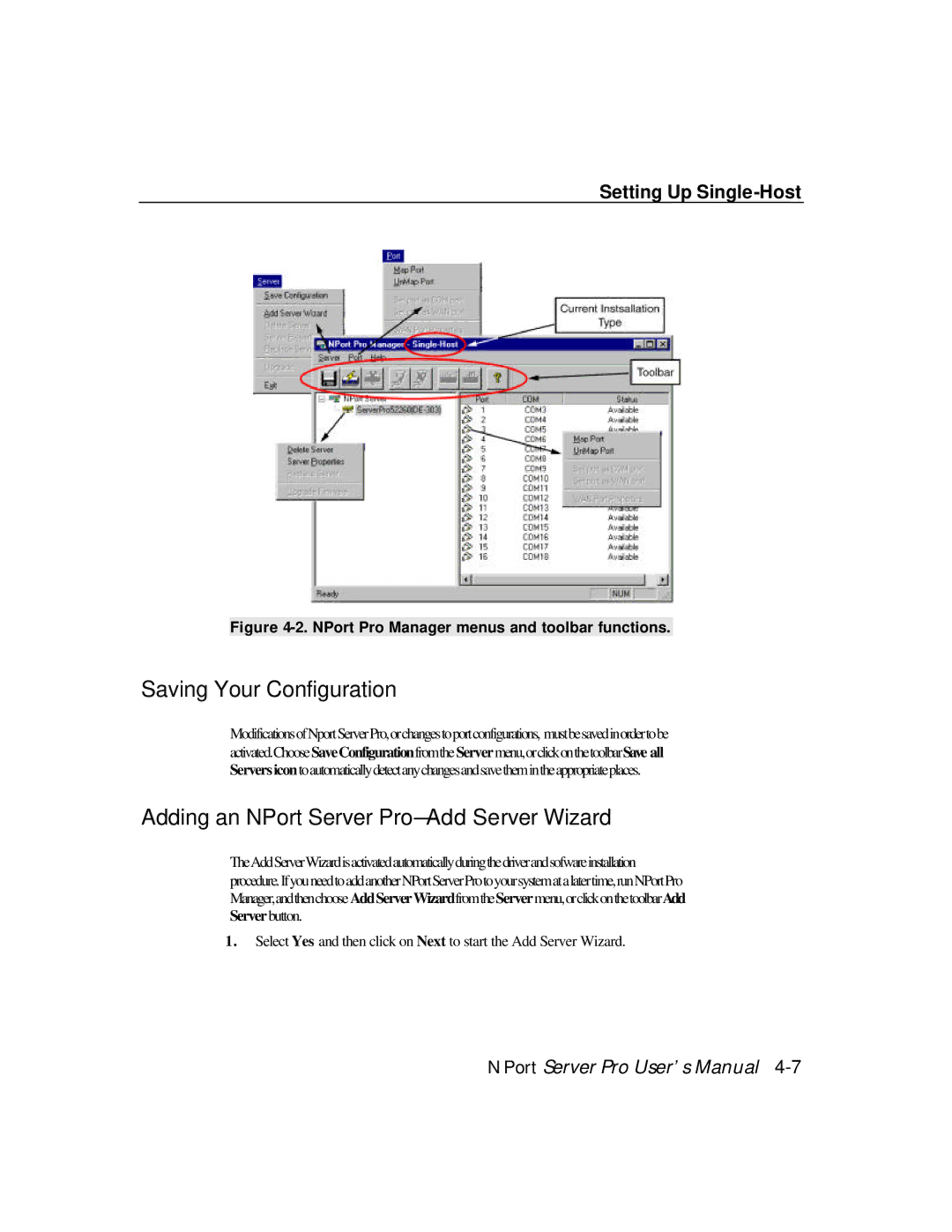 Moxa Technologies DE-308, DE-303 manual Saving Your Configuration, Adding an NPort Server Pro-Add Server Wizard 