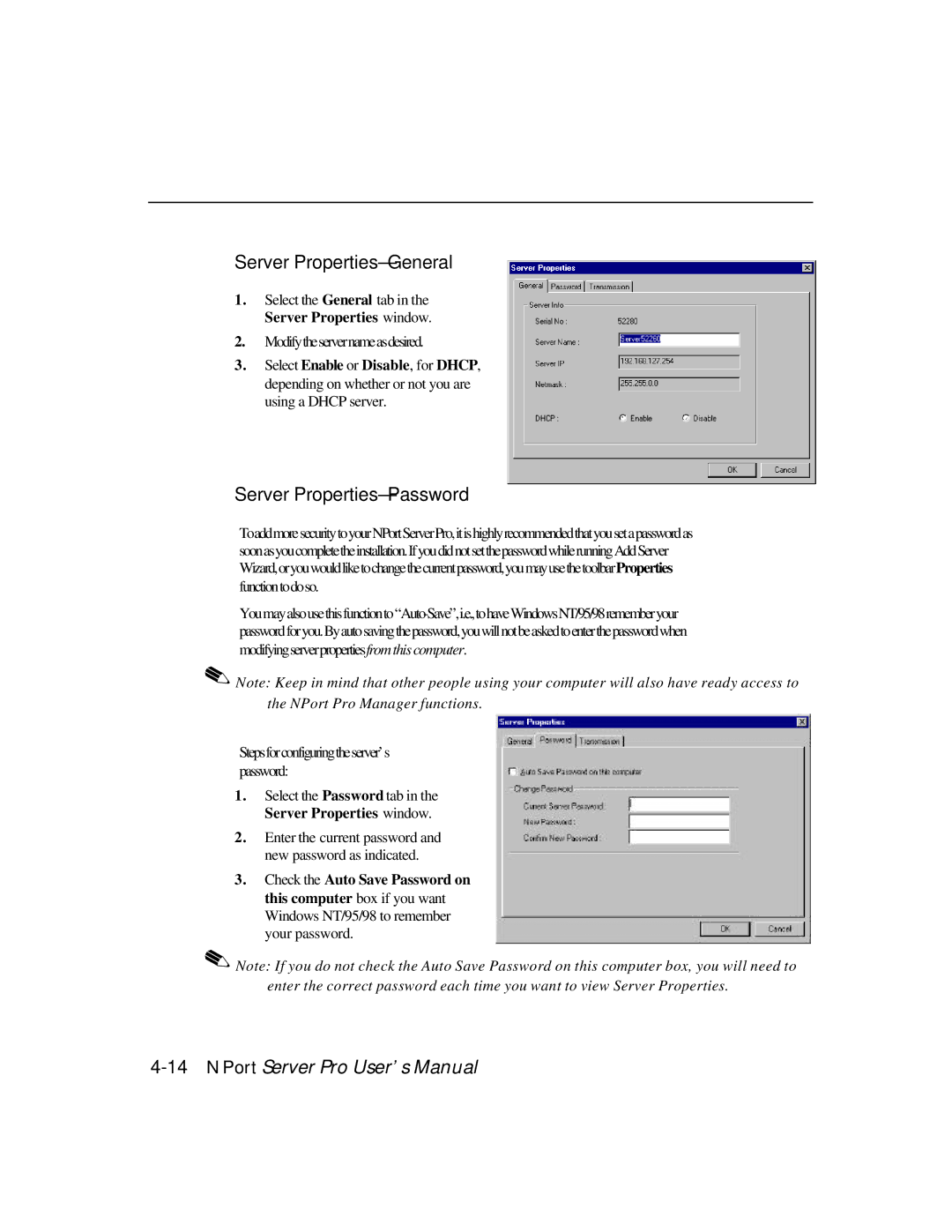 Moxa Technologies DE-303, DE-308 manual Server Properties-General, Server Properties-Password 