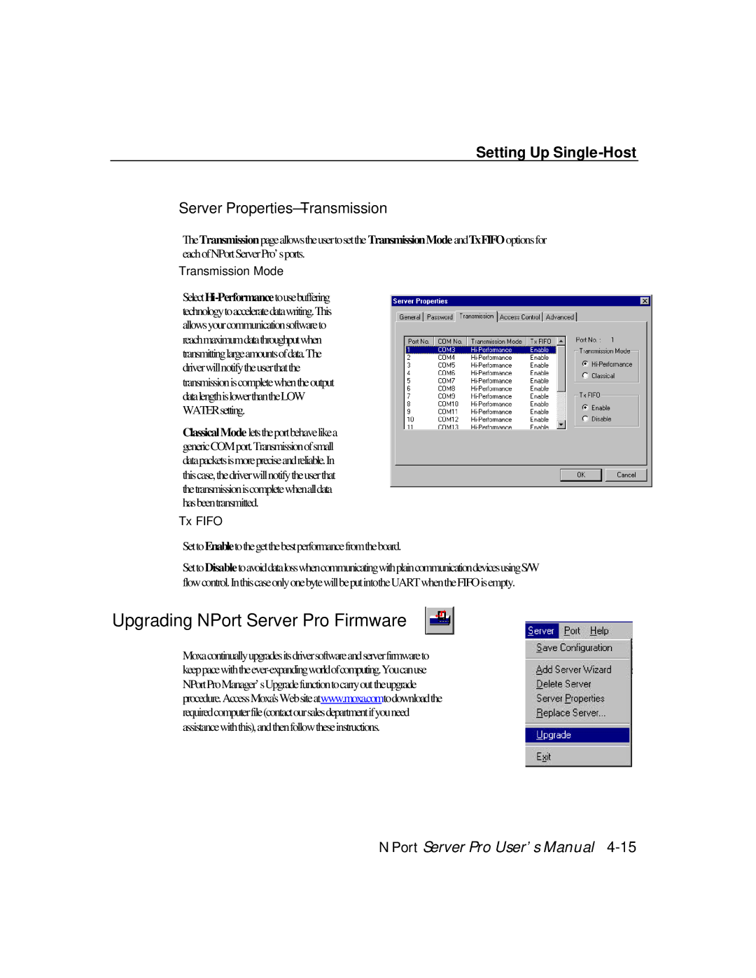 Moxa Technologies DE-308, DE-303 manual Upgrading NPort Server Pro Firmware, Server Properties-Transmission 