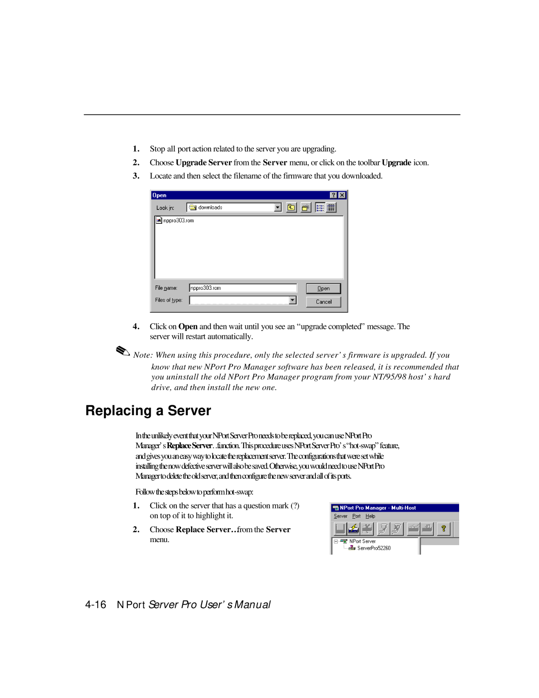 Moxa Technologies DE-303, DE-308 manual Replacing a Server 