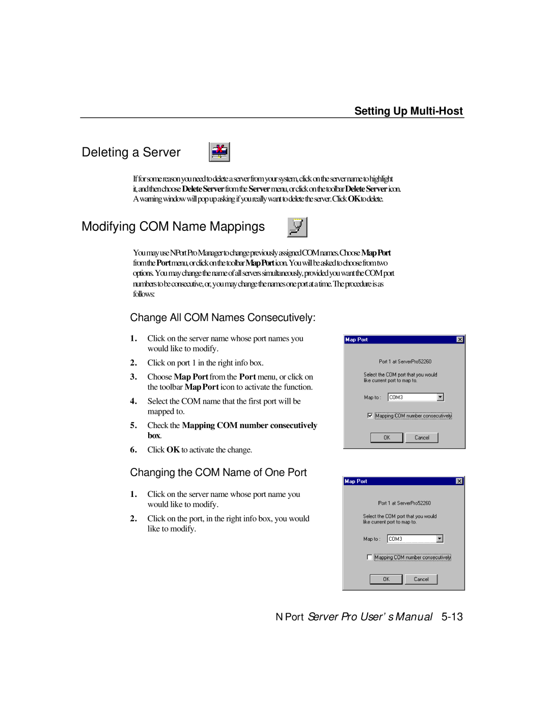 Moxa Technologies DE-308, DE-303 manual Deleting a Server, Change All COM Names Consecutively 