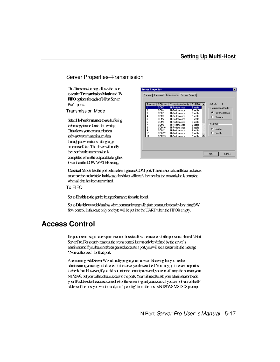 Moxa Technologies DE-308, DE-303 manual Access Control, Server Properties-Transmission 