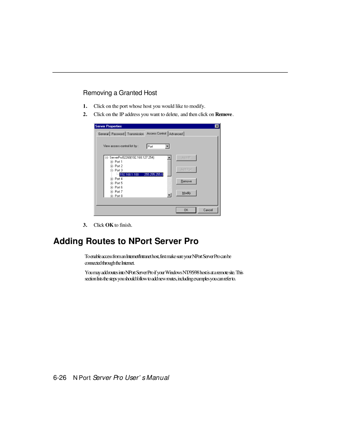 Moxa Technologies DE-303, DE-308 manual Adding Routes to NPort Server Pro, Removing a Granted Host 