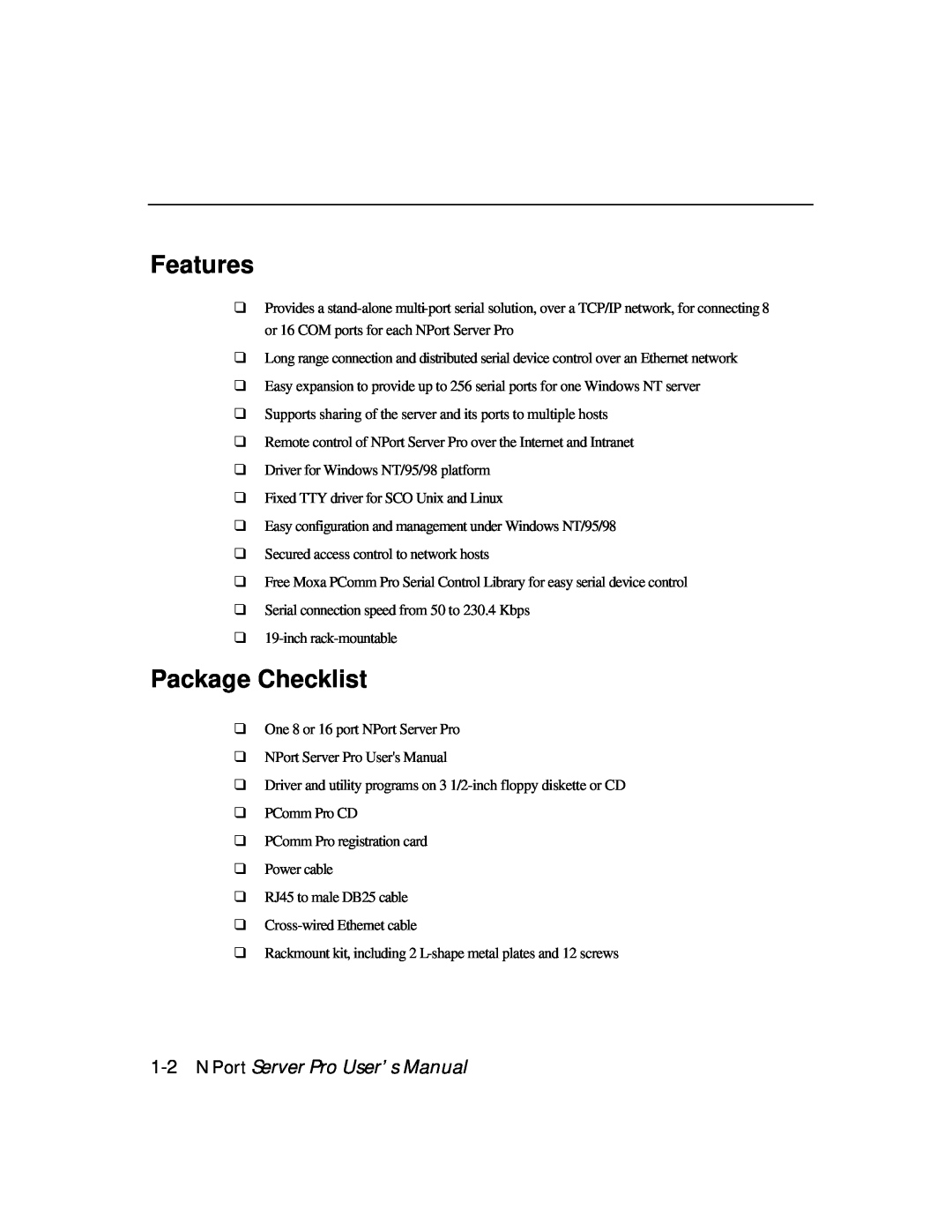Moxa Technologies DE-303, DE-308 manual Features, Package Checklist, NPort Server Pro User’s Manual 
