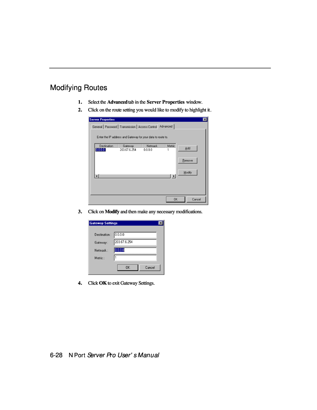 Moxa Technologies DE-303, DE-308 manual Modifying Routes, NPort Server Pro User’s Manual 