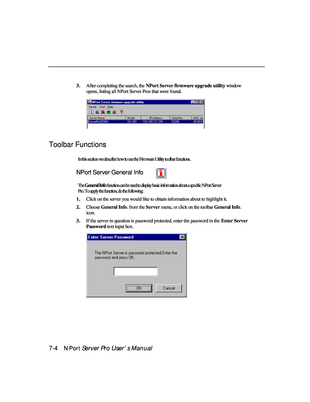 Moxa Technologies DE-303, DE-308 manual Toolbar Functions, NPort Server General Info, NPort Server Pro User’s Manual 