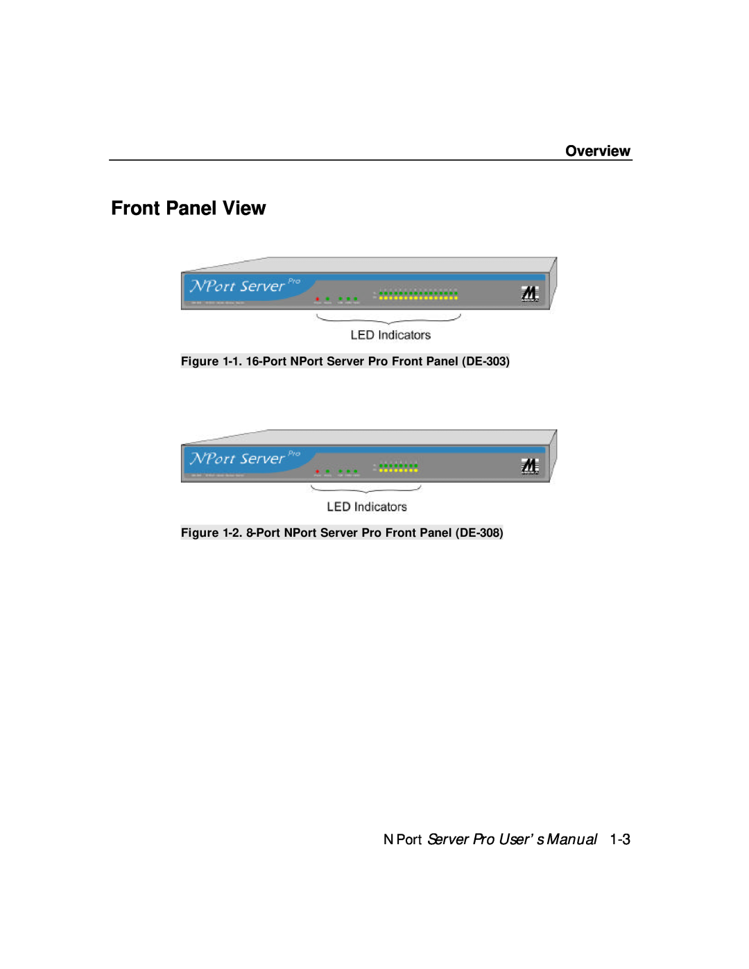 Moxa Technologies DE-308, DE-303 manual Front Panel View, Overview, NPort Server Pro User’s Manual 