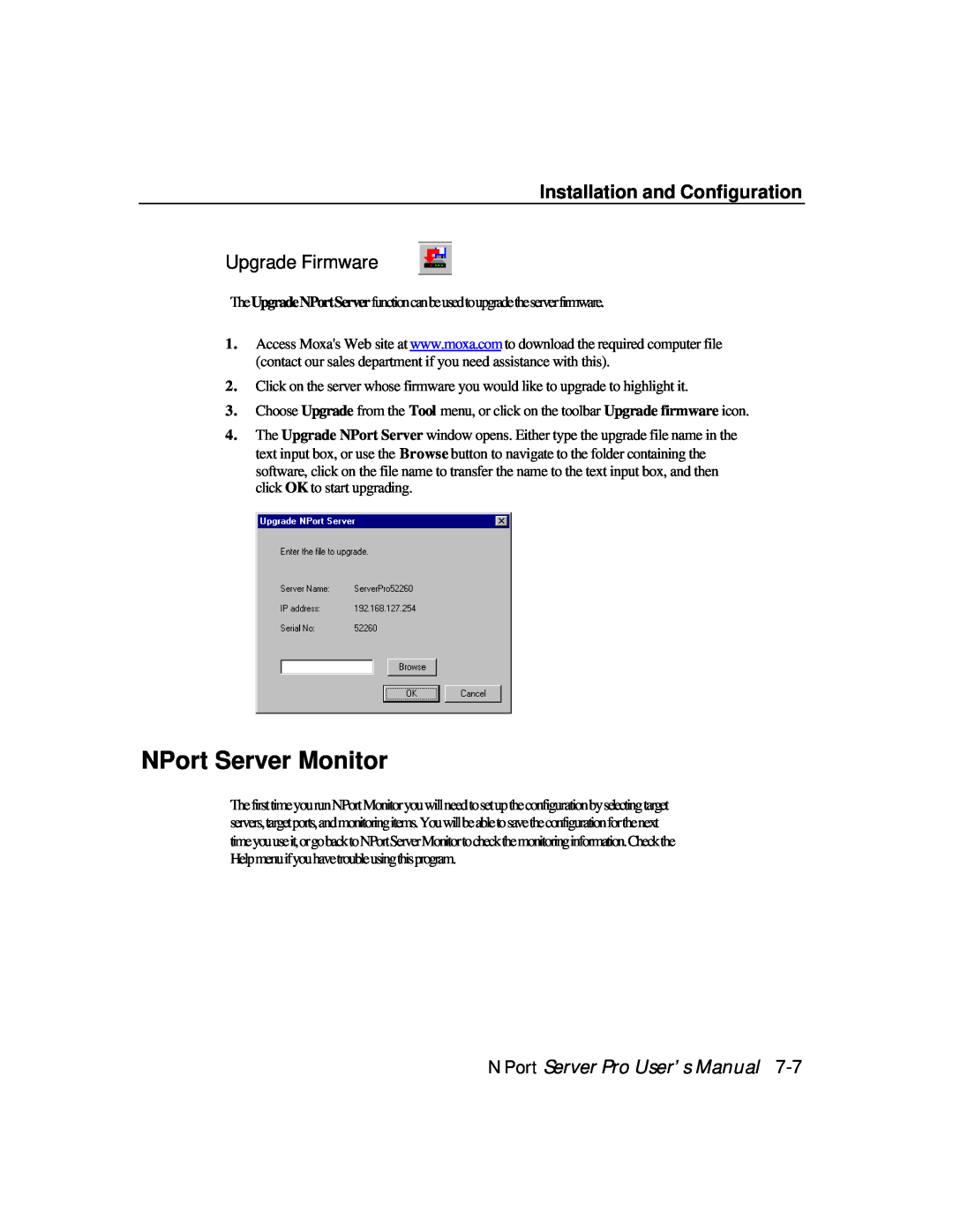 Moxa Technologies DE-308, DE-303 manual NPort Server Monitor, Upgrade Firmware, Installation and Configuration 