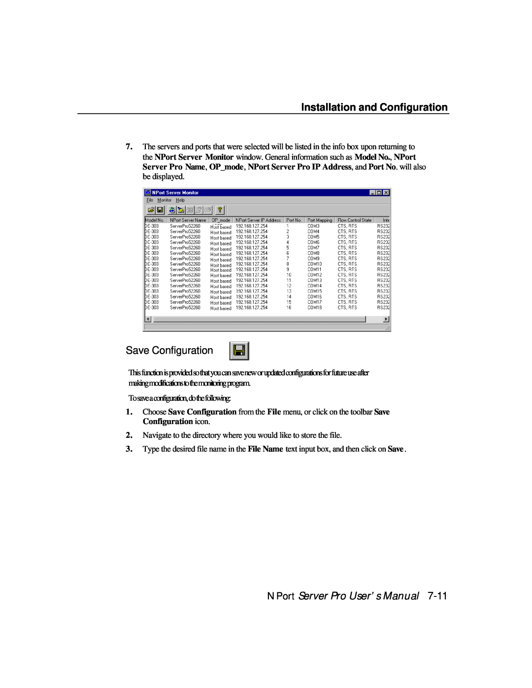 Moxa Technologies DE-308, DE-303 manual Save Configuration, Installation and Configuration, NPort Server Pro User’s Manual 