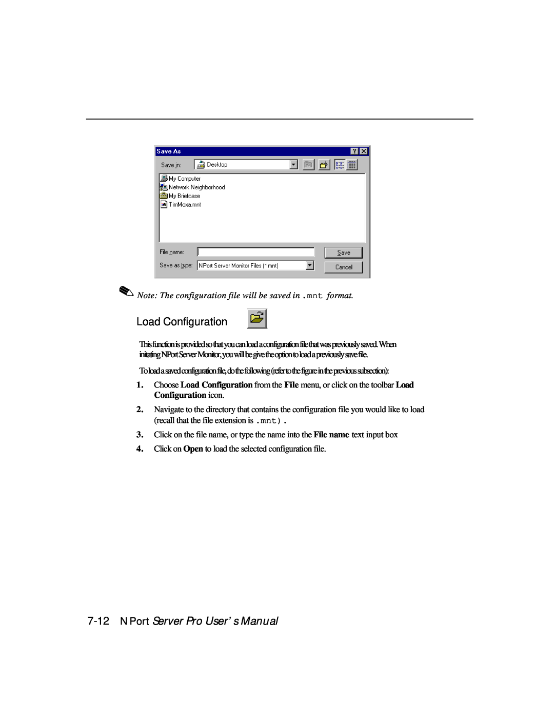 Moxa Technologies DE-303, DE-308 manual Load Configuration, NPort Server Pro User’s Manual 