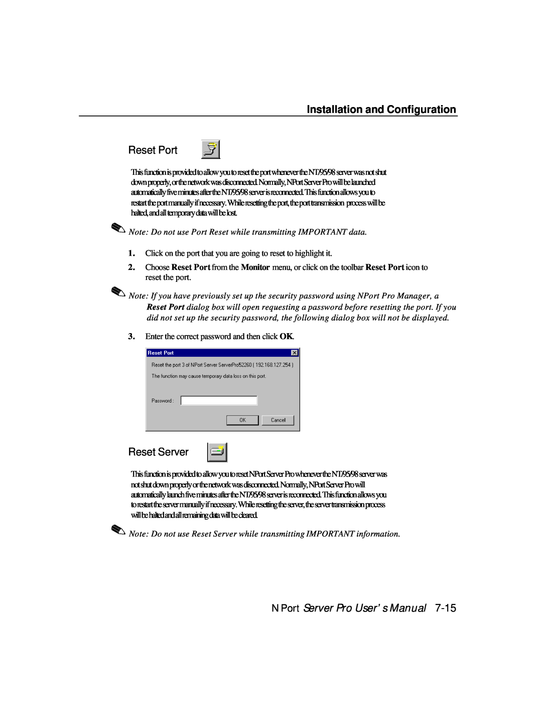 Moxa Technologies DE-308, DE-303 Reset Port, Reset Server, Installation and Configuration, NPort Server Pro User’s Manual 
