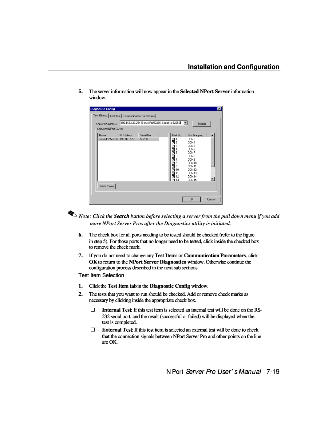Moxa Technologies DE-308, DE-303 manual Installation and Configuration, NPort Server Pro User’s Manual, Test Item Selection 