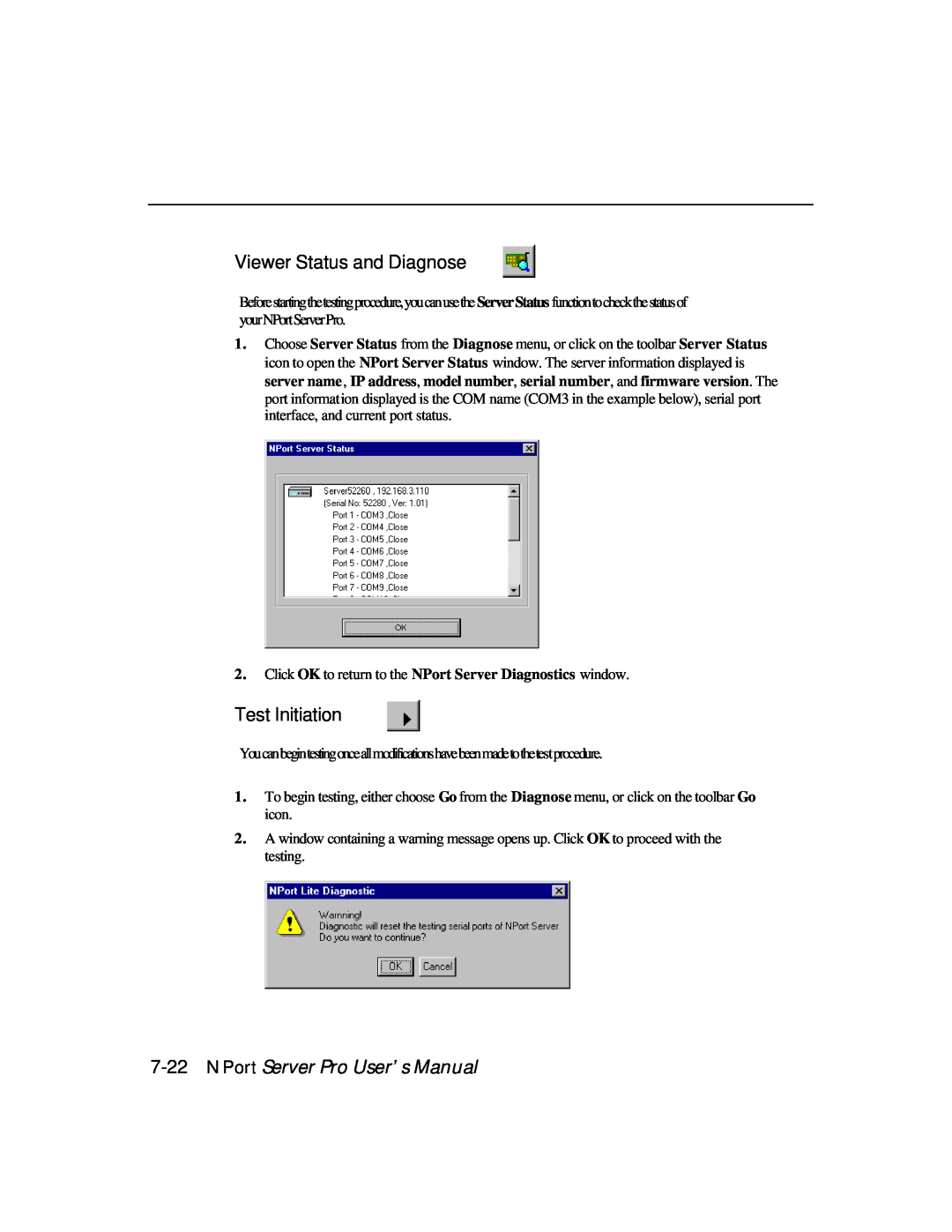 Moxa Technologies DE-303, DE-308 manual Viewer Status and Diagnose, Test Initiation, NPort Server Pro User’s Manual 
