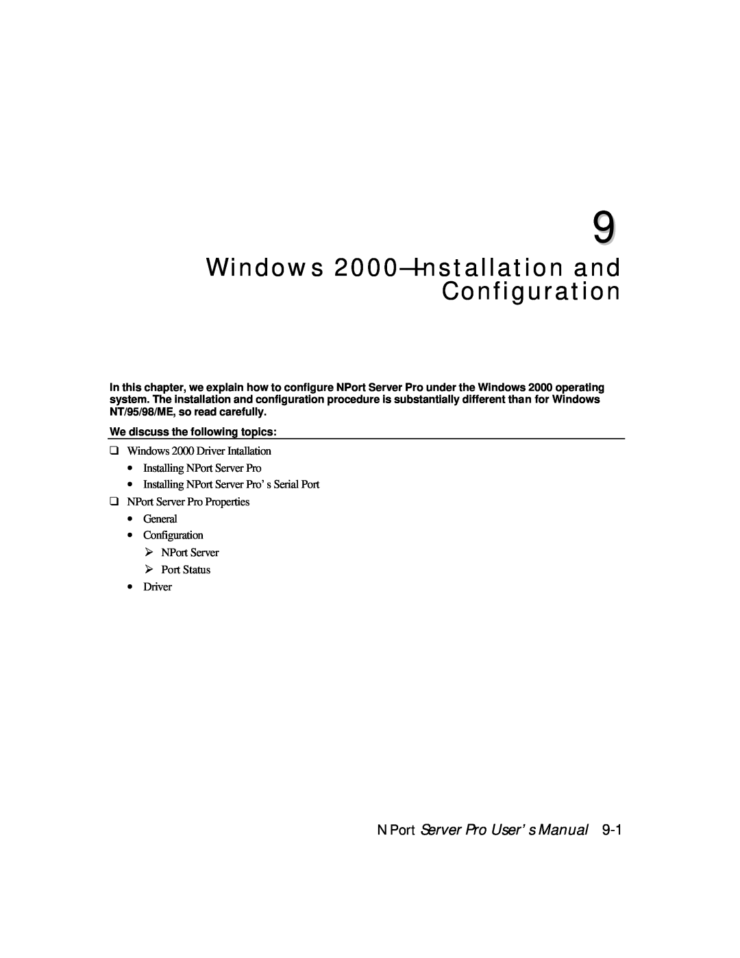 Moxa Technologies DE-308, DE-303 manual Windows 2000-Installation and Configuration, NPort Server Pro User’s Manual 