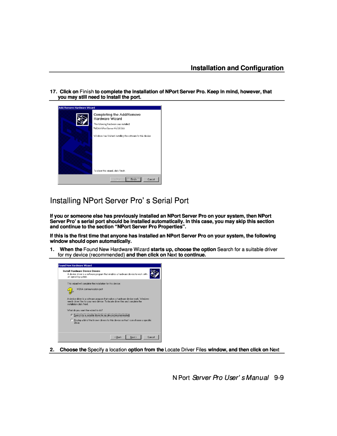 Moxa Technologies DE-308, DE-303 manual Installing NPort Server Pro’s Serial Port, Installation and Configuration 