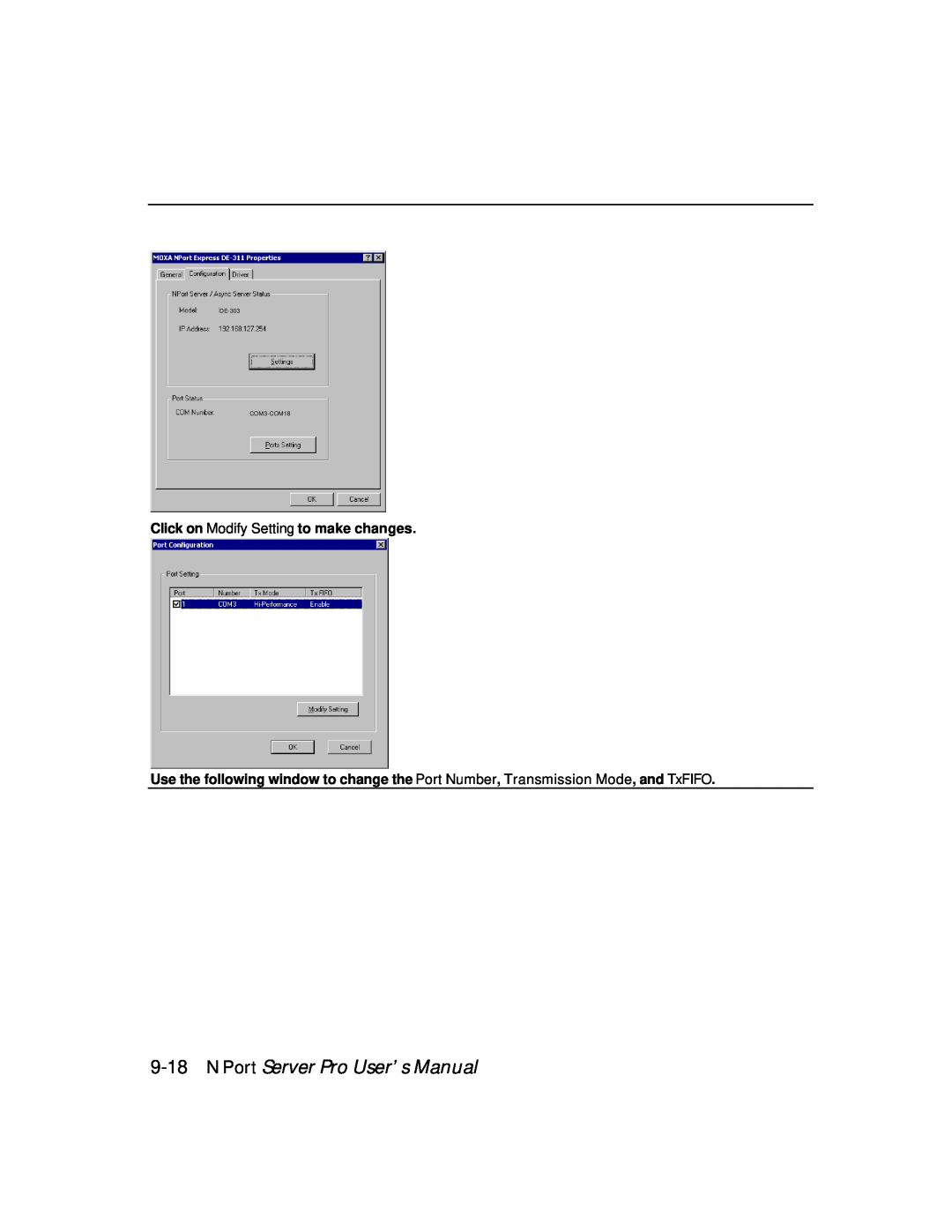 Moxa Technologies DE-303 manual NPort Server Pro User’s Manual, Click on Modify Setting to make changes, D E-303 COM3-COM18 