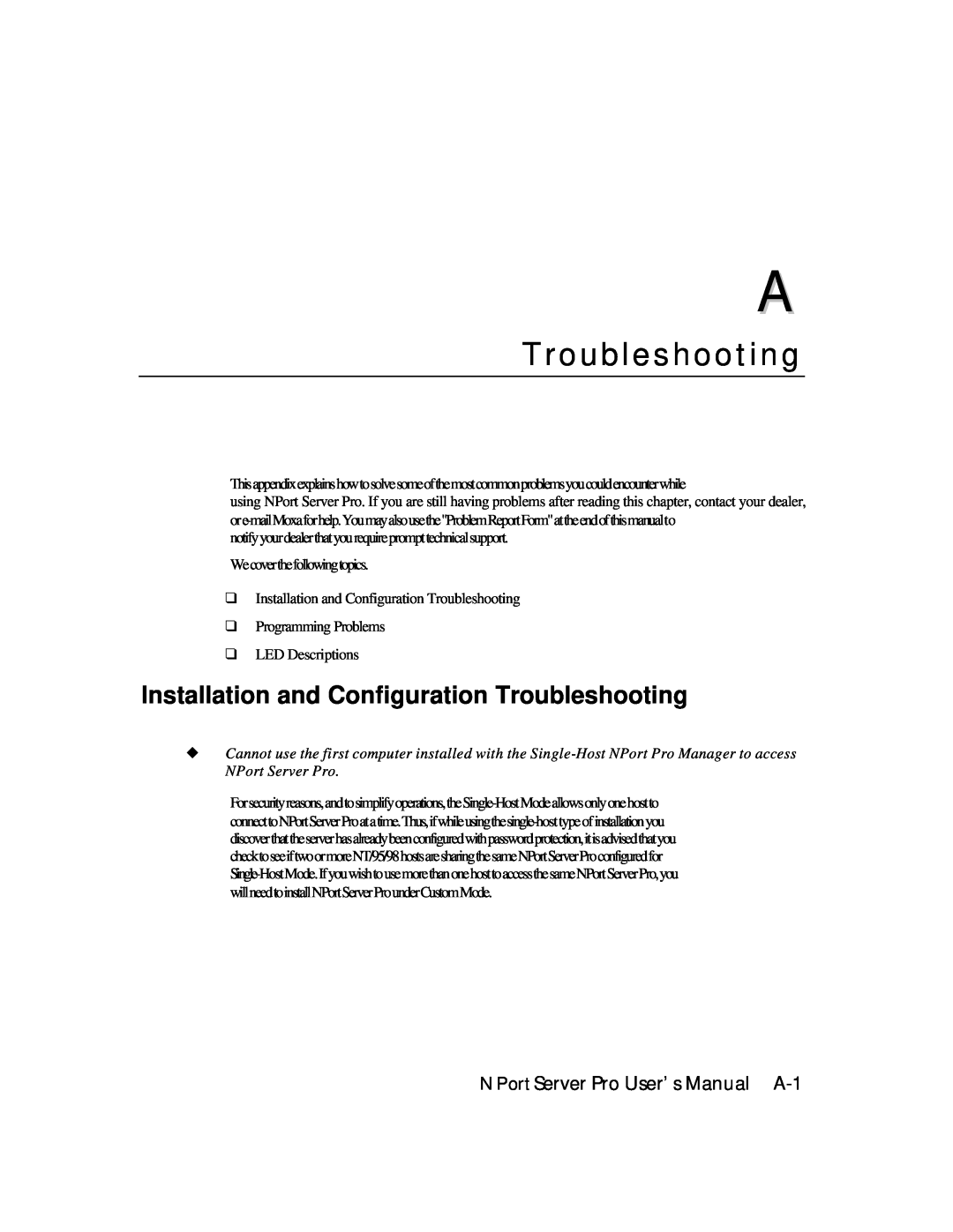 Moxa Technologies DE-308, DE-303 Installation and Configuration Troubleshooting, NPort Server Pro User’s Manual A-1 