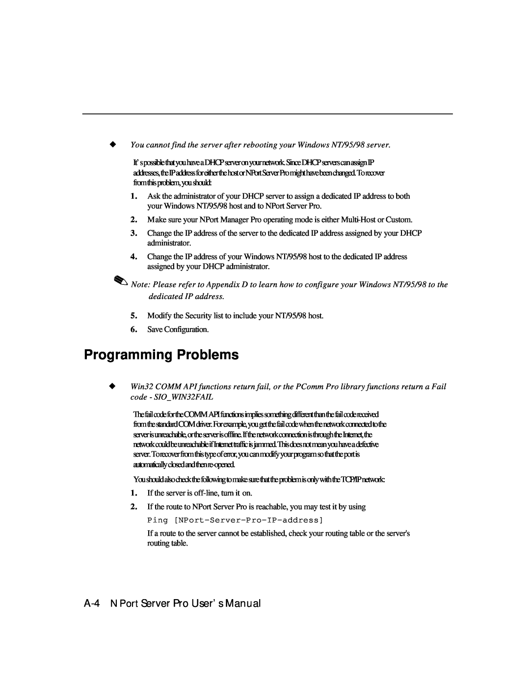 Moxa Technologies DE-303, DE-308 manual Programming Problems, A-4 NPort Server Pro User’s Manual 